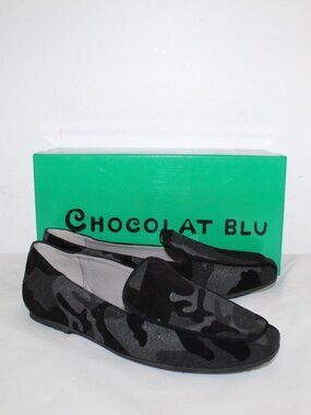 NWB Chocolate Blu Military Black Embossed Suede Flats Loafers 8